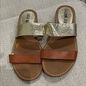 Metallic Gold & Brown Leather Slide Sandals - Women